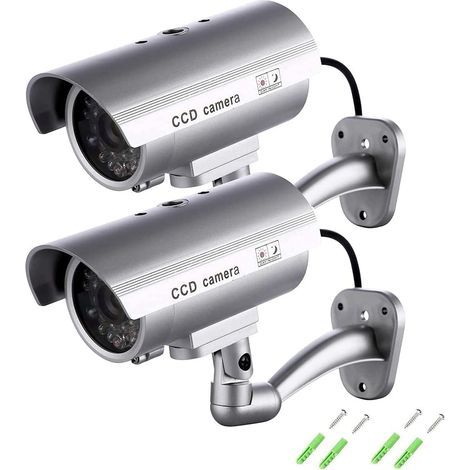 Maxesla 2er-Pack Attrappen von Sicherheitskameras mit hellen LEDs – Realistischer Effekt – Für den Innen- und Außenbereich geeignet – Wasserdicht – Warnaufkleber (1/5)