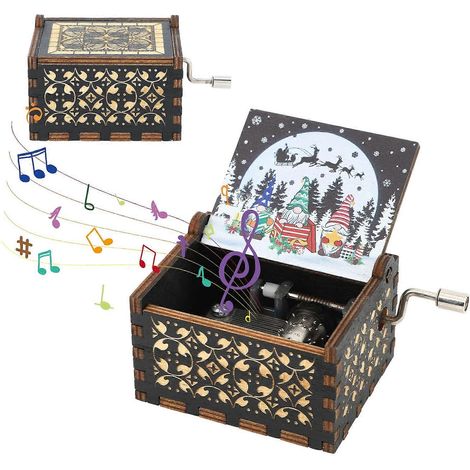 Boîte à musique de Noël, boîte à musique vintage en bois gravée au laser, boîte à musique de Noël en bois noire, unique et mignonne. (1/5)
