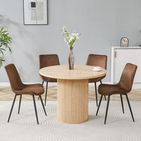 Conjunto minimalista de mesa redonda con 1 mesa y 4 sillas. Mesa de comedor redonda de MDF de 100 cm de diámetro con acabado en madera clara. Incluye 4 sillas de tejido de alta tecnología con asiento  (1/5)