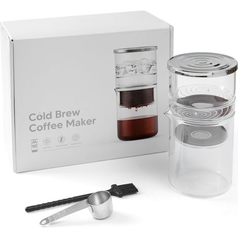 300 ml (10,15 oz) Kaltbrüh-Kaffeemaschine für Tee und Kaffee, mit Filterhalter aus Borosilikatglas, integrierter Reinigungsbürste und Löffel, ideal für Zuhause, Büro und Reisen.