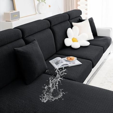 Wasserdichter, elastischer Jacquard-Sofakissenbezug, waschbarer elastischer Sofabezug, geeignet für Haustiere/Kinder – Rückenbezug M, schwarz