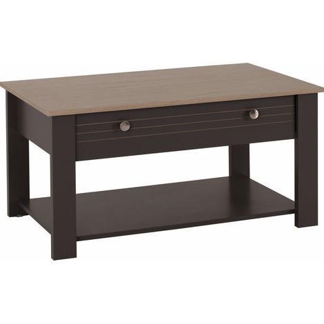 Beaux Meubles Pas Chers – Table basse rectangulaire chêne et gris – 1 tiroir et niche – Dimensions L 103 x H 85 x P 59.5 cm – Bois certifié FSC (1/5)