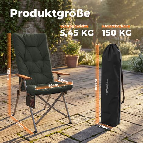 Homecall Campingstuhl Faltbar Hochlehner Luxus Klappstuhl mit 4,5cm Dicke Gepolstert, (150kg Belastbar mit 4 Positionen Verstellbar Angelstuhl, 1 St), für Garten Balkon Wohnmobil (dunkelgrau)