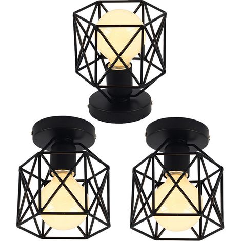 Ceiling Light Fixture Vintage Industrial Simple Black Ceiling Lamp Metal Cage Chandelier with Lampshade for Living Room Hallway 3PCS