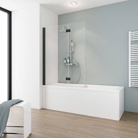 Schulte – Pare-baignoire pliant 104 x 130 cm – Verre de sécurité 5 mm – Paroi 2 volets – Écran pivotant – Profilé noir – Montage mural réversible