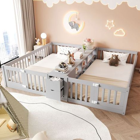 Lit Enfant 90x200 cm avec rangement central et tiroirs - Lit double - Gris, barrières de sécurité, en bois massif, lit au sol (1/5)