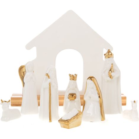 Crèche de Noël en porcelaine blanche et dorée – 21 cm de hauteur – Élégante décoration de Noël – Représentation de la naissance de Jésus – Amadeus (1/3)