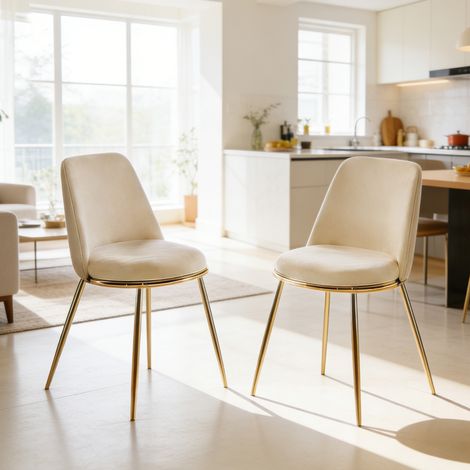 Silla de comedor en blanco crema con tapizado de terciopelo y patas metálicas doradas, respaldo alto,56x47x82cm (1/4)