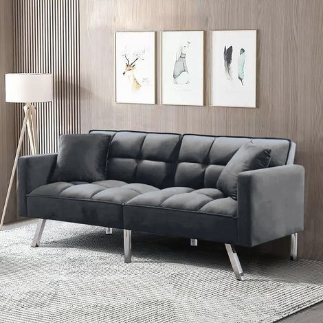 Sofa Bed 2 Seater Grey Velvet Click Clack Sofa Settee Recliner Couch with Metal Legs with 2 Pillows (1/5)