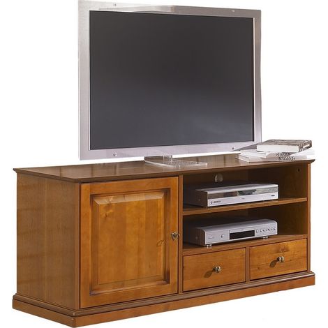 Meuble TV BAR Merisier 60 Pouces 4 Niches Roulettes L 134.9 H 58.7 P 46.5 cm (1/5)