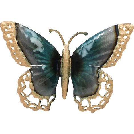 Mariposa de pared de metal azul petróleo y dorado 19 cm (1/5)