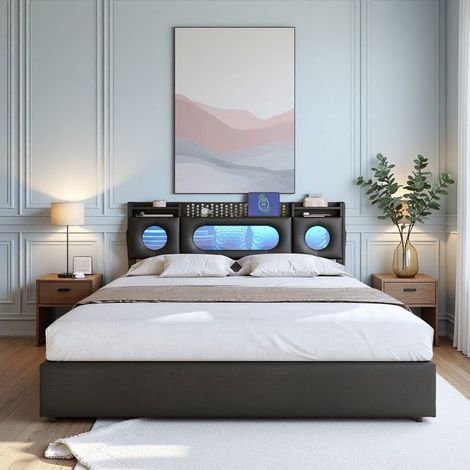 Cama Cofre Doble 160x200 - Negro PU - Almacenamiento Neumático - LED RGB - Carga USB/Tipo-C