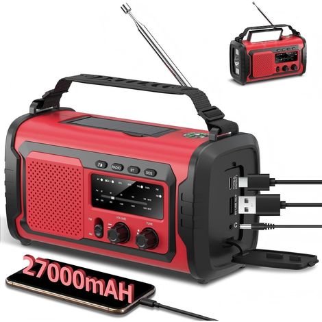 Radio de Secours 27000mAh à Manivelle et Solaire, AM/FM Emergency Radio avec Alarme SOS, Haut-Parleur Bluetooth, Batterie Externe et Lampe LED, pour Urgence, Camping et Maison (Rouge 27000mAh) (1/5)