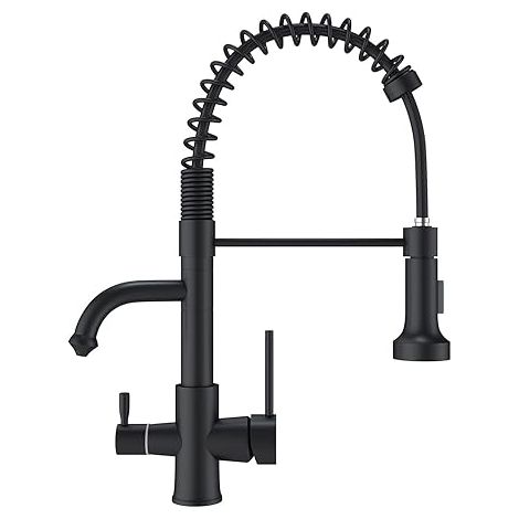 Robinet de cuisine 3 voies avec douchette extractible, mitigeur d'eau potable en laiton avec filtre à eau, bec pivotant à 360°, douchette extractible, noir (1/5)
