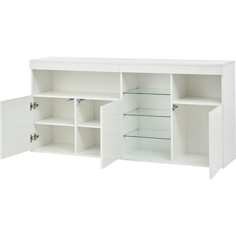 Hochglanz-weiße Kommode 155,5 x 35 x 72 cm mit LED und 3 Glastüren (1/5)