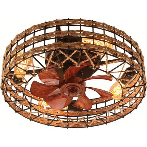 50cm Black Rattan Ceiling Fan with Light & Remote, Low Profile 6-Speed DC Motor, E27 Socket, Bulbs Not Included, for Living Room, Khaki, Bulbs Not Included (1/5)