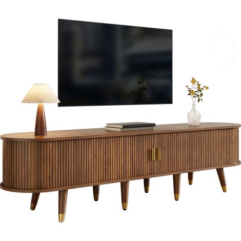 Meuble TV 175 cm avec porte coulissante en rotin, finition noyer et grand espace de rangement, style campagne, en MDF avec niches ouvertes, tiroirs et placard