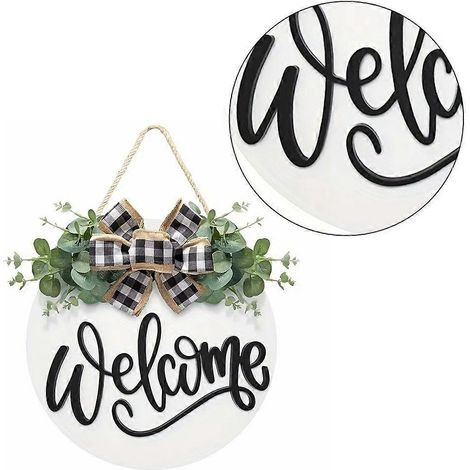 Décorations de porte d'entrée avec panneau de bienvenue, couronnes rondes en bois à suspendre au mur (1/4)