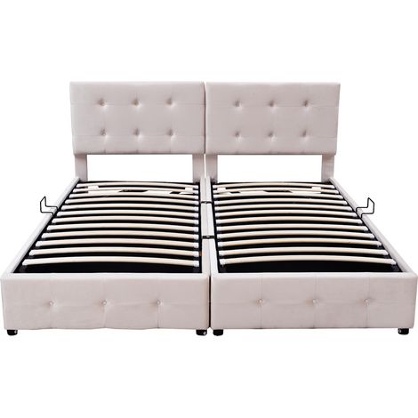 Cama tapizada 180x200 cm con almacenamiento hidráulico, terciopelo beige, HOMVRA (1/5)