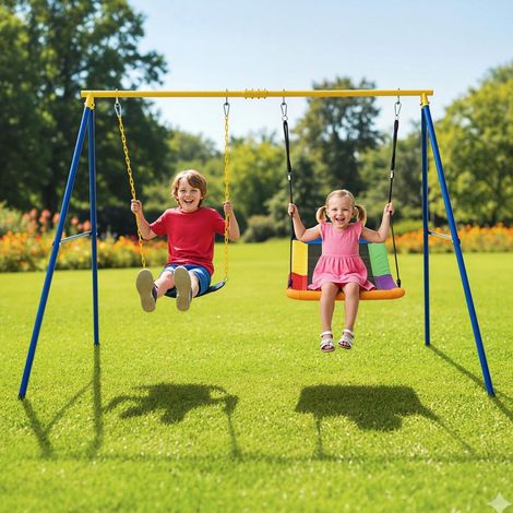 Portique de balançoires double bleu et jaune en acier avec armature en A et mousquetons renforcés pour jardin parc et cour (1/5)