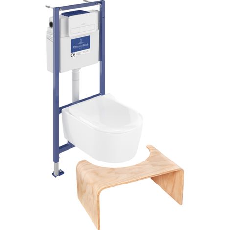Pack inodoro suspendido sin reborde VILLEROY ET BOCH Avento + estructura de soporte ViConnect Pro + asiento con cierre suave + placa blanca + taburete de madera