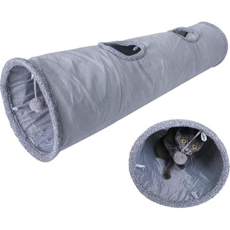 Cat Tunnel Pliable Chat Jouet Tunnel Crinkle pour Tous les Chats et Petits Animaux 2 Grottes Gris Daim 130 x 30 cm-Fei Yu (1/4)