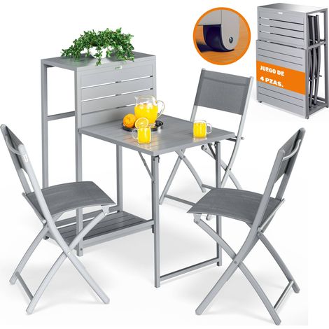 CASARIA® Set de muebles para balcón 3 sillas Mesa Plegable Ahorro de espacio incl. ruedas Acero resistente a la intemperie Pintura en polvo Muebles de jardín Terraza Grupo de asientos Gris (1/7)
