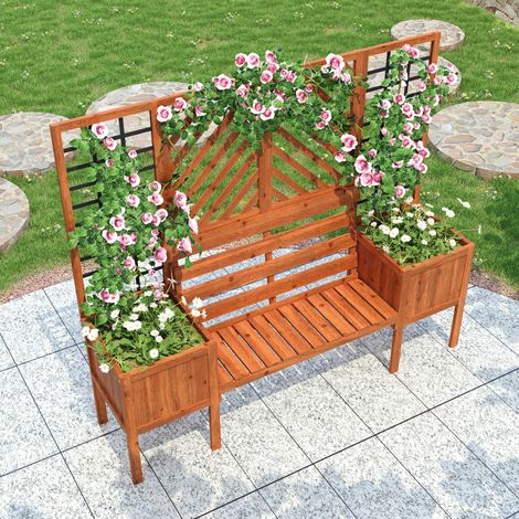 ELVMI Jardinière avec Treillis et Banc, Grande Capacité, avec Trous de Drainage, en Bois Massif, Brun, 170 × 145 × 42 cm (1/4)