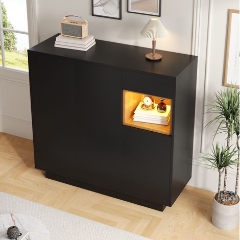 Zapatero de aglomerado negro y natural 105 x 39,5 x 100,5 cm con cajón, baldas ajustables y LED de 16 colores (1/5)