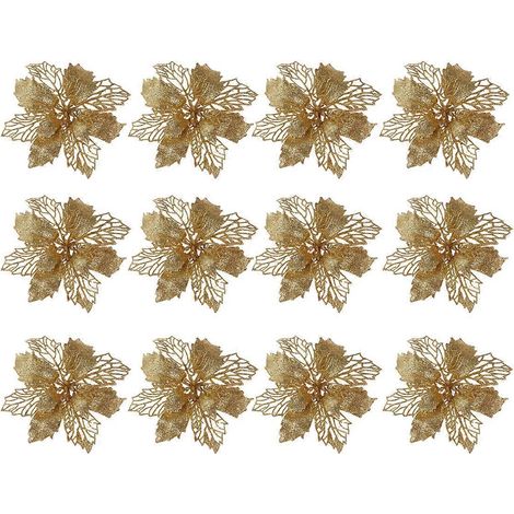12 Poinsettias à paillettes, fleurs artificielles creuses, décorations de Noël à suspendre au sapin (dorées)-14.5X14.5cm-Golden