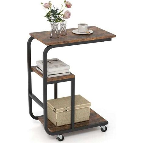 C-shaped End Table Space-saving Couch Table with Open Shelves-Rustic Brown (1/5)