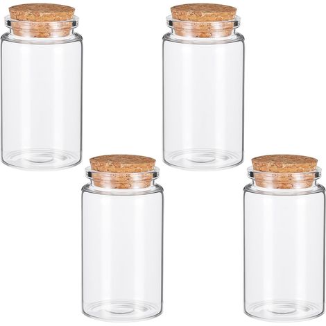 Lot de 4 mini-bouteilles en verre transparent avec bouchon en liège, vides (100 ml), idéales pour les épices, les conserves, la décoration, les cadeaux, les fêtes, les épices de cuisine ou pour vos cr (1/5)