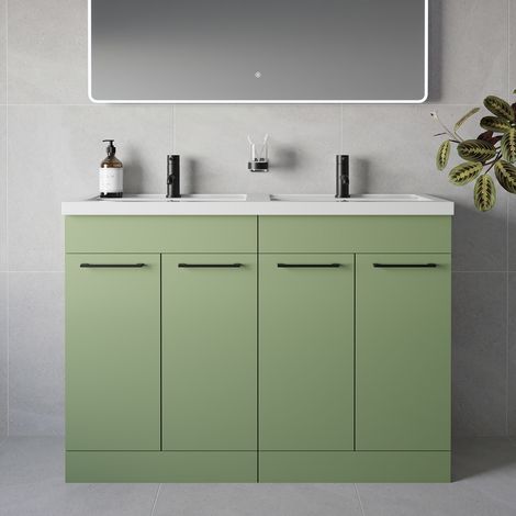 Napoli 390 Olive Green 1200mm 4 Door Vanity Unit with Double Lucia Basins - 1200mm - Matt Black 160mm Handle