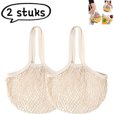 Set of 2 cotton mesh shopping bags with handles for fruits and vegetables, off-white (1/5)