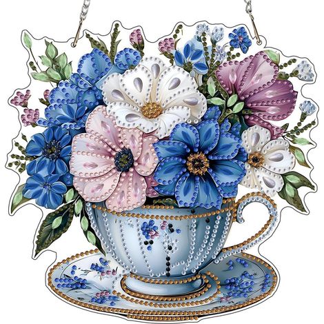 Kit de peinture diamant Fleurs & Tasse à thé, pendentif pour fenêtre, 20x20cm (1/4)