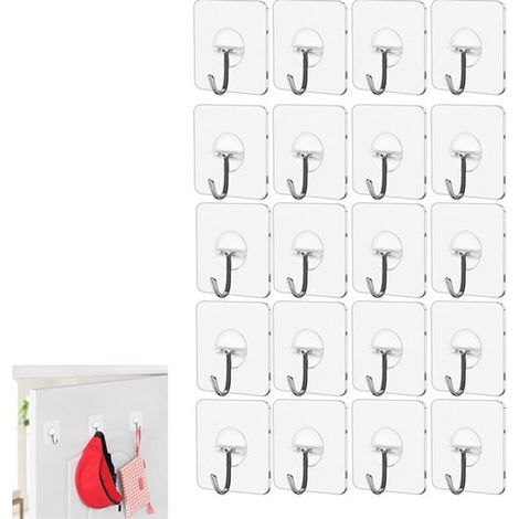 20 ganchos autoadhesivos, impermeables, no dañan la pared, para baño, cocina, puertas, exteriores, techo, armarios, dormitorio - Transparentes (1/5)