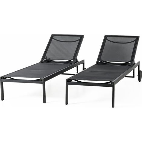 Set aus 2 schwarzen Liegeliege-Sonnenbänken mit Aluminiumrädern CUBA