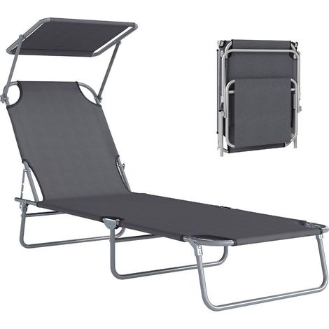 Transat Bain de Soleil Pliable Chaise Longue Pliante Grand Confort Dossier Inclinable Multi-Positions et Pare-Soleil Réglable 187L x 58l x 36H cm Gris (1/5)