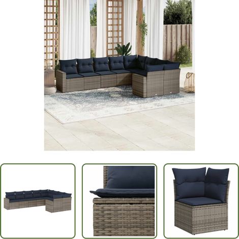 vidaXL Canapé en résine - Salon de jardin 9 pcs avec coussins gris résine tressée (1/5)