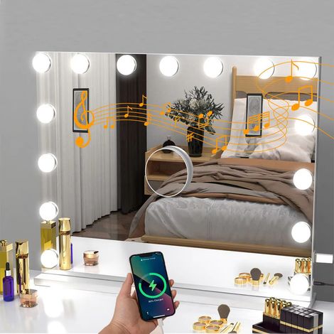 Miroir de maquillage lumineux 58 x 46 cm, 15 LED, 3 modes d’éclairage, commande tactile, réglage de lumière, loupe grossissante 10X