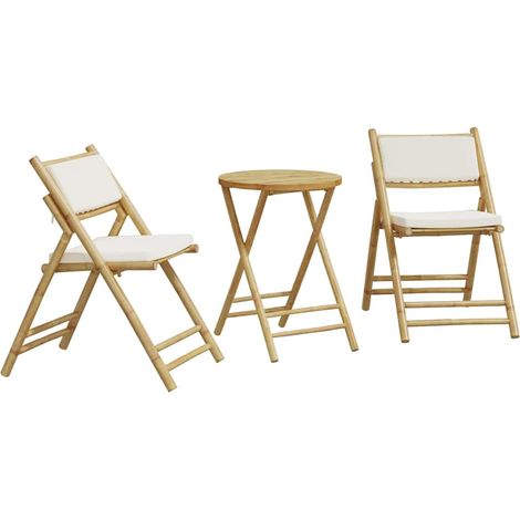 Ensemble de bistro pliante 3 pcs Mobilier de jardin et coussins blanc crème bambou (1/5)