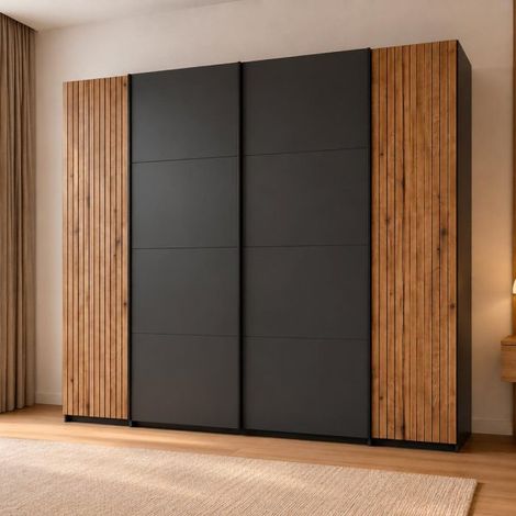 Armadio Esteban624 4 ante con 2 scorrevoli, 2 battenti e dettagli listellati antracite e rovere evoque 270 cm