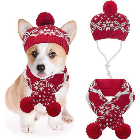 Heilwiy Weihnachts-Hundekostüm-Set, Mütze und Schal, gestricktes Schneeflocken-Rentier-Muster, 2-teilig, warme Winterkleidung für kleine Hunde und Katzen (1/4)
