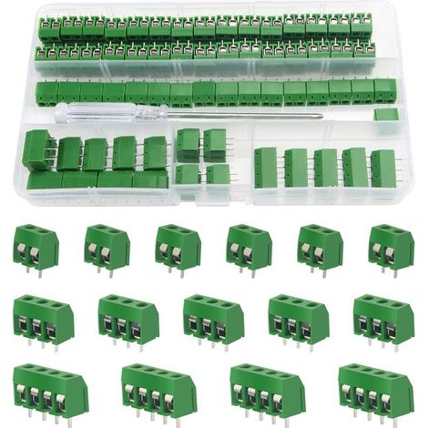 100 connecteurs à vis pour circuit imprimé, pas de 5 mm, 2/3/4 broches, pour Arduino (85 x 2, 10 x 3, 5 x 4, verts) (1/5)