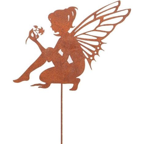 Rusty Metal Fairy Figurine, Garden Stake, Decorative Figurine, Elf Sitting on a Stick, 29x24cm (Small) Flower Decoration (1/5)