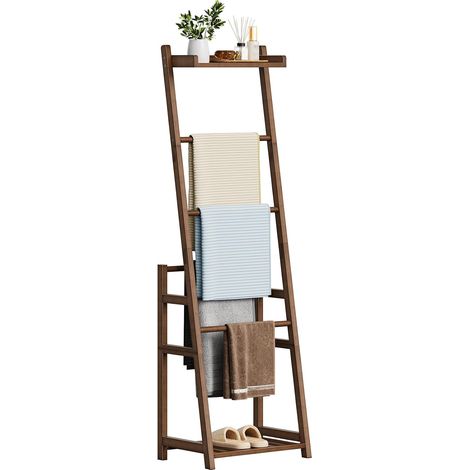 Échelle à Couvertures en Bambou en Forme Girafe, Porte-Couvertures avec 5 Tiges et 2 Étagères de Rangement, Décoration Intérieure, pour Salon, Chambre, Moka (1/5)