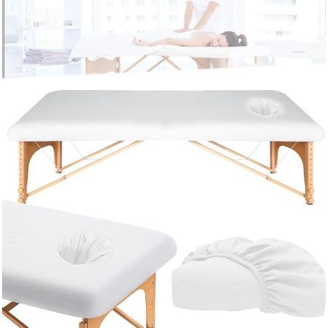 Housse pour Table de Massage 190 x 80 cm - Avec Trou, Épaisse, Lavable, Élastique, Anti-Saleté - Pour Tables de Beauté et de Traitement - Blanche (1/5)