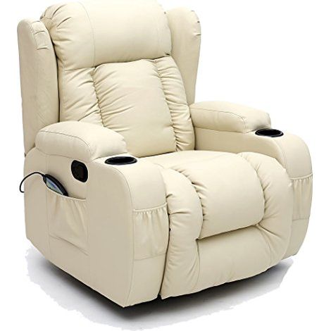 CAESAR 10 IN 1 WINGED LEATHER RECLINER CHAIR ROCKING MASSAGE SWIVEL HEATED CREAM (1/5)
