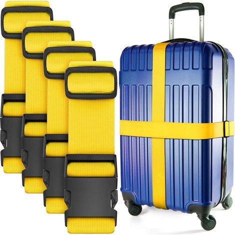 ABYSSE-Lot de 4 sangles à bagages, sangles en nylon, accessoires de voyage, longueur réglable de 2 mètres, convient aux valises de 20 à 32 pouces, jaune. (1/5)
