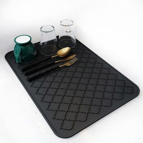 BelleRise - Tapis de vaisselle en silicone pour plans de travail de cuisine - tapis d'essuyage de la vaisselle (30 x 40 cm, noir) (1/5)